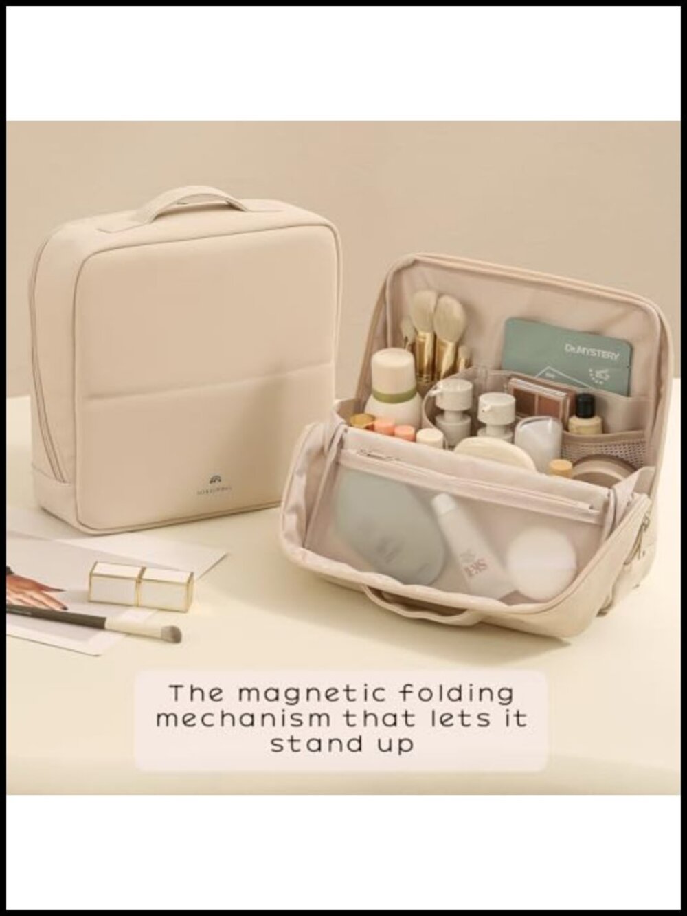Foldable Magnetic Standing Makeup Bag With Phone Holder, Pu Leather Cosmetic View 4